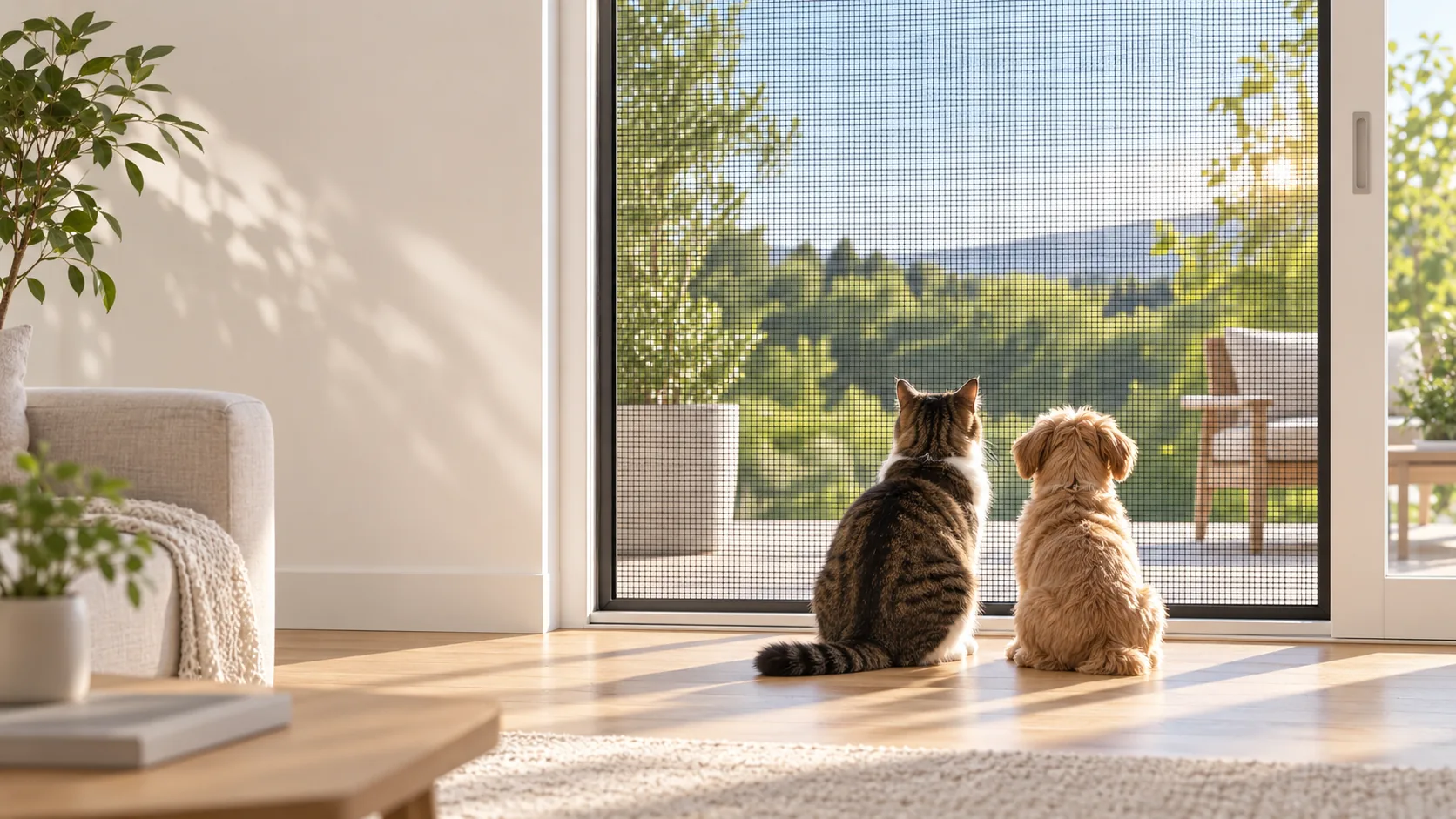 Kedi ve köpeğin sineklikli kapı önündeki görünümü